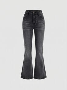 SHEIN Girlism Tween Girl Y2k Retro Kids Washed Slim Fit Stretchy Denim Flare Leg Jeans With Slant Pocket For Summer - Black - View 1