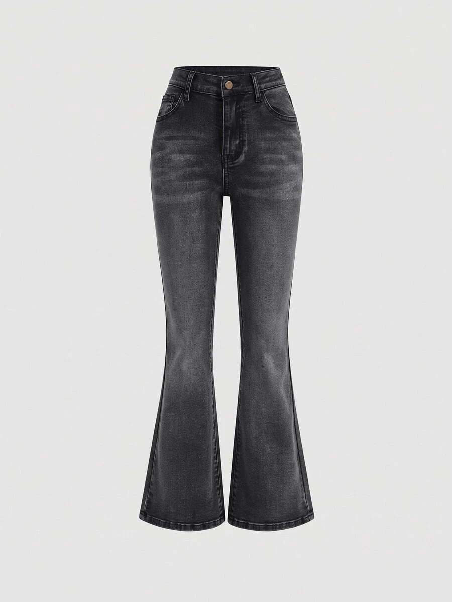 SHEIN Girlism Tween Girl Y2k Retro Kids Washed Slim Fit Stretchy Denim Flare Leg Jeans With Slant Pocket For Summer - Black - View 1