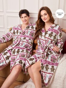 CoupledUp Men's Christmas Pattern Printed Hooded Loungewear Robe - Multicolor - View 6