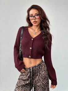 SHEIN PETITE White Lantern Sleeve Button Front Rib Knit Cardigan Open Shoulder Sweater In Autumn Petite Women Date Day Everyday Going Out Daily Wear Casual Sexy - Red Violet - View 6