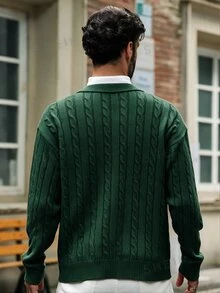 Claim Dot 男士純色粗繩編織 Polo 領休閒長袖套頭毛衣，秋冬款 - 墨綠色 - 查看 2