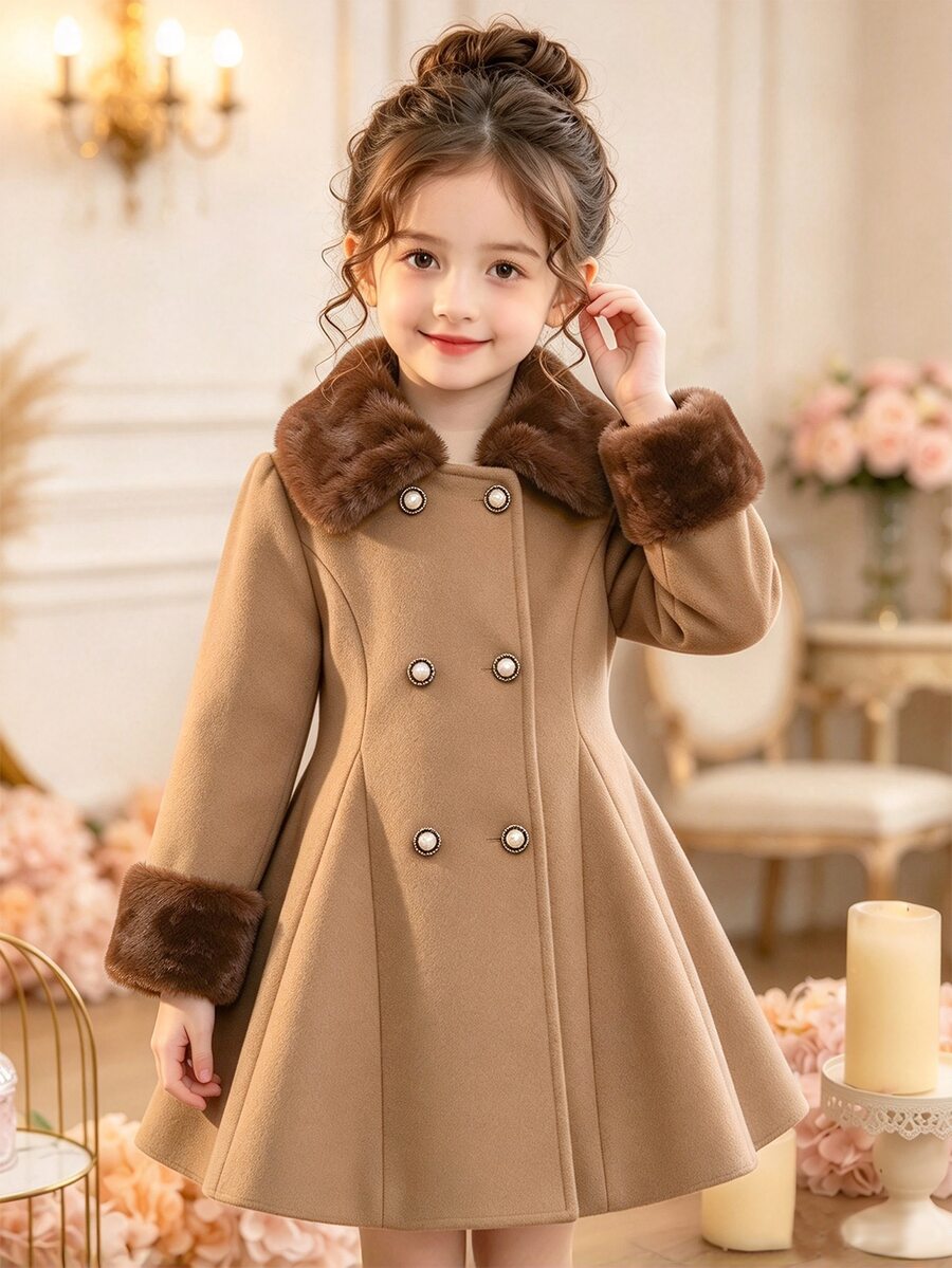 SHEIN Girls' Baby White Wool Blend Coat With Plush Oversized Collar And Cuffs, Double-Breasted Pearl Buttons, A-Line Flared Silhouette, Party Wear Autumn - Khaki - View 1