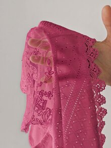 SHEIN Frenchy 女款蕾絲拼接短袖紋理布料夏季休閒T恤 - 玫紅色 - 查看 5