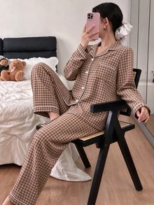 Napfluff 泡泡紋理格紋領上衣與長褲睡衣套裝 秋冬服飾 - 彩色 - 查看 6