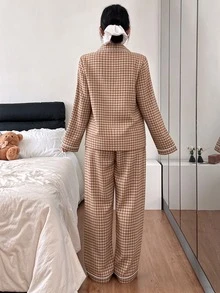Napfluff 泡泡紋理格紋領上衣與長褲睡衣套裝 秋冬服飾 - 彩色 - 查看 2