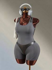 Amplova Women's Plus Size Grey Plain PU Fabric Patchwork Tank Top Backless Jumpsuit - Grey - View 4