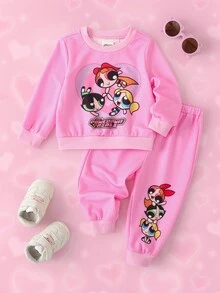 THE POWERPUFF GIRLS X SHEIN Baby Girl Cartoon Print Sweatshirt And Jogger Pants Set - Pink - View 1