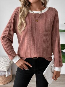 SHEIN LUNE 2024秋冬女款新款Merlet色圓領衛衣，長袖上衣，米色休閒早午餐秋季女裝 - 粉色 - 查看 3