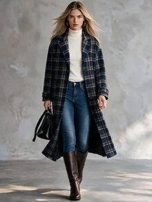 Trelyra European And American Style Autumn/Winter New Fashion Versatile Plaid Decor Lapel Loose Tie Elegant Commute Design Overcoat - Multicolor - View 3