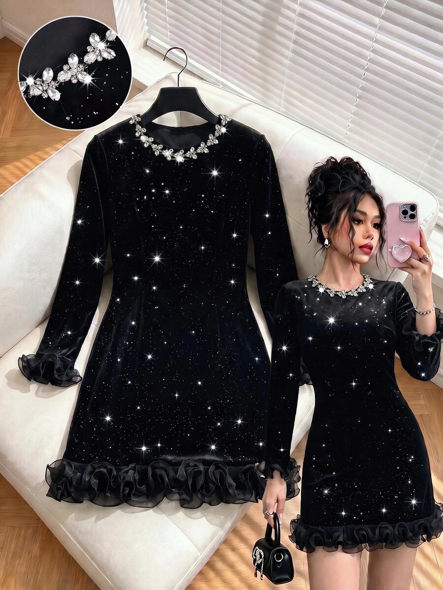 GlowEve CURVE Plus Size Rhinestone Collar Shiny Velvet Mini Dress, Long Sleeve Ruffle Hem Evening Party Black Gown - Black - View 1