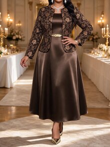 Fleurora Plus Size Women's Jacquard Open Front Jacket And Dress Elegant 2 Pieces Set Christmas - Coffee Brown - View 1