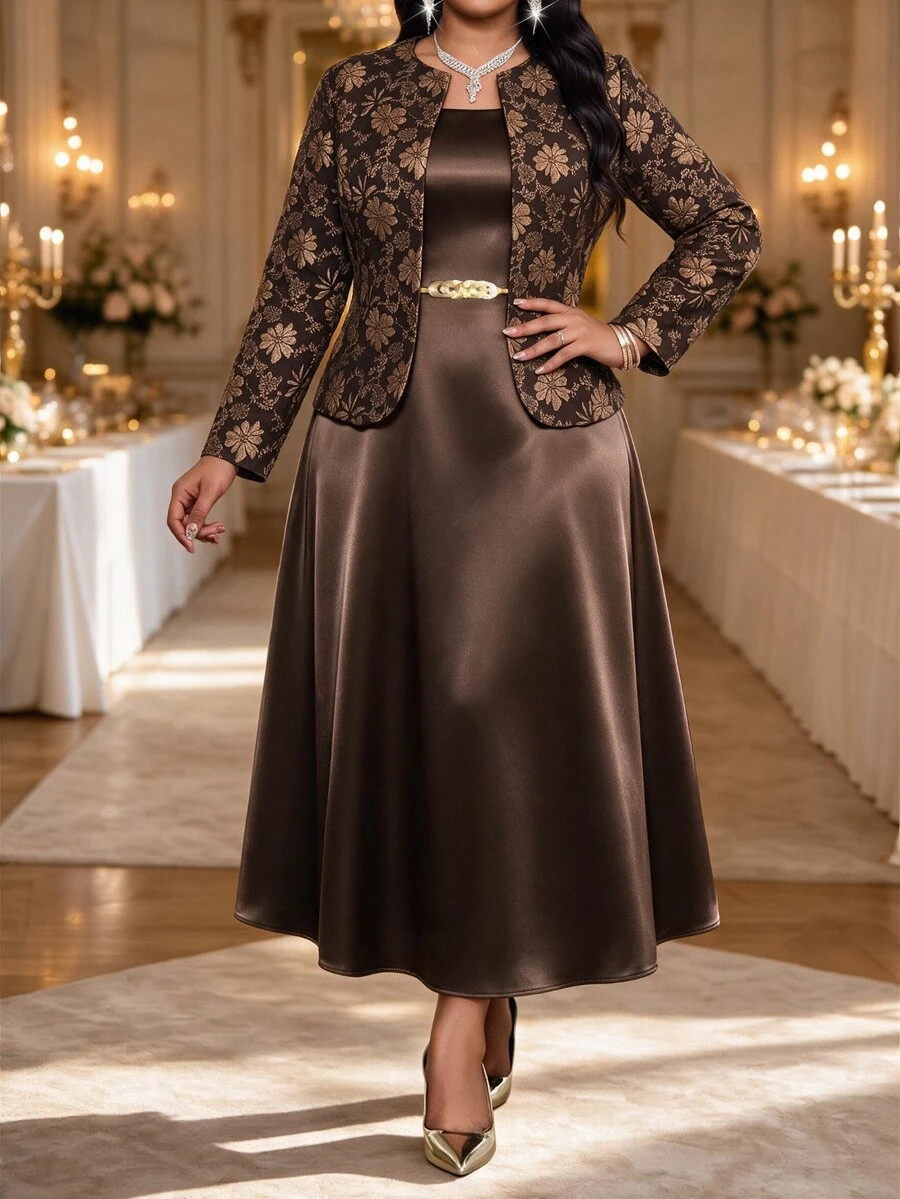 Fleurora Plus Size Women's Jacquard Open Front Jacket And Dress Elegant 2 Pieces Set Christmas - Coffee Brown - View 1