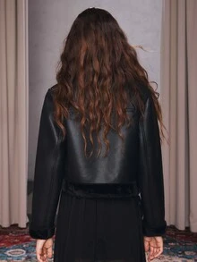 Anewsta Autumn/Winter Black Asymmetric Front Leather & Fur Short Jacket - Black - View 7