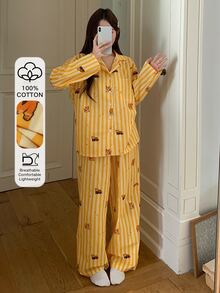DAZY Women's Cartoon Animal Striped Single-Breasted Top And Long Pants Pajama Set - Yellow - View 8