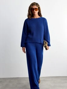 SHEIN طقم 2 قطعة من كنزة صوفية بأكمام طويلة وياقة دائرية مريحة باللون الأزرق الداكن مع بنطال كنزة - أزرق بحري - مشاهدة 4
