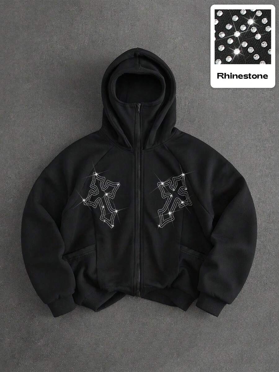 Manfinity Homme Men's Plus Size Y2K Rhinestone Cross Hooded Sweatshirt, Integrated Mask Hood Design, Double-Sided Rhinestone Cross Pattern On Chest, Short Raglan Cut, Full Zip Closure, Dark Gothic Street Style, Loose Raglan Sleeve Fit, Unique Niche Piece, Suitable For Daily Wear And Fashion Outfits - Black - View 1