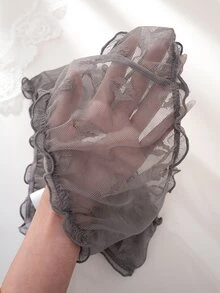 PetitDoll 女款唇形提花網紗內衣套裝，附綁帶丁字褲，2件組 - 淺灰紫 - 查看 5