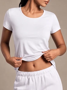 SHEIN Sports 女款純色休閒百搭日常旅行運動T恤 - 白色 - 查看 7