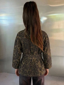 Hapijoa 少女款豹紋休閒前綁帶寬鬆長袖秋季印花牛仔上衣 - 棕色 - 查看 2