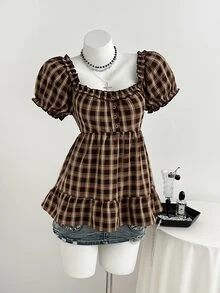Elamini Summer Sweet Vintage Ruffle Petal Sleeve Blouse - Brown - View 6
