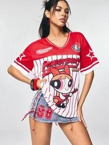THE POWERPUFF GIRLS X SHEIN Women's Letter Cartoon Print Casual Everyday Short Sleeve T-Shirt - White - View 4