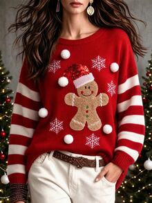 Linavere Women's Christmas Deer Red Striped Drop Shoulder Long Sleeve Sweater - Red - View 1