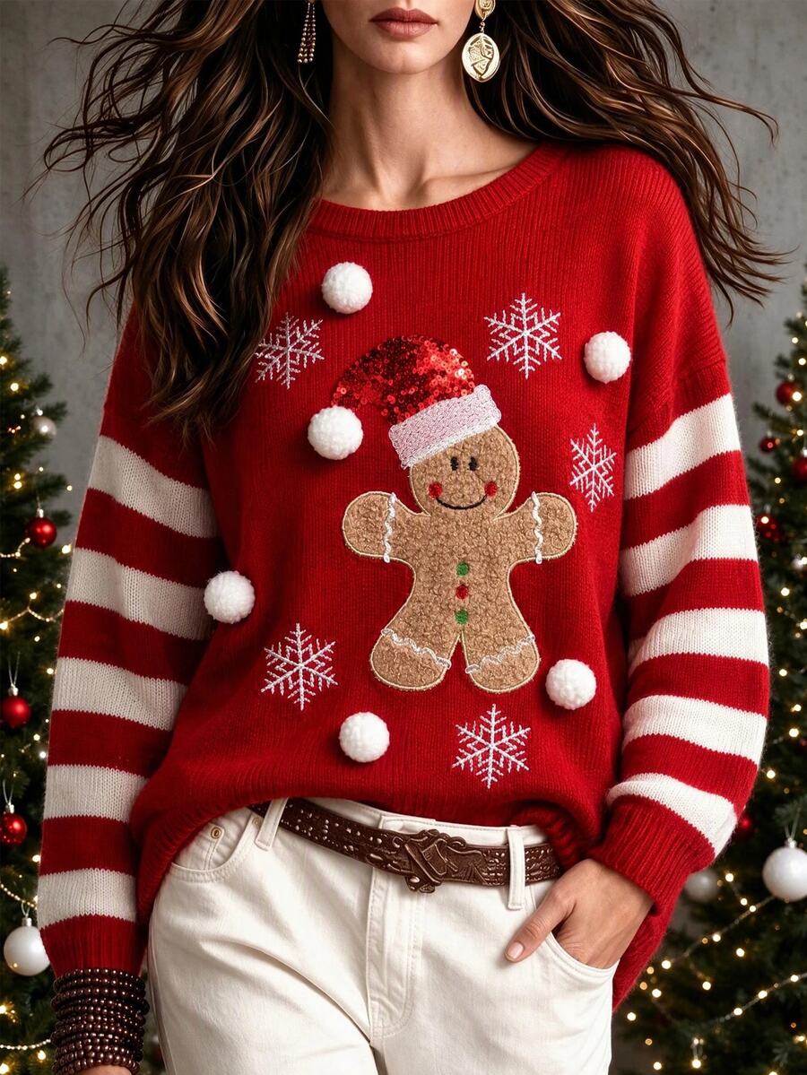 Linavere Women's Christmas Deer Red Striped Drop Shoulder Long Sleeve Sweater - Red - View 1