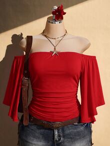 SHEIN ICON 女款大尺碼復古性感休閒千禧風 Y2K 波希米亞風度假風 荷葉袖 抓褶腰 棕色修身露肩上衣 - 紅色 - 查看 3