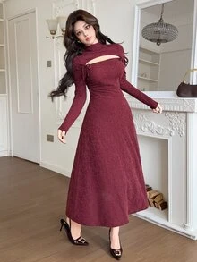Feyla Women's Solid Color Cutout Design Front Tie Elegant Midi Dress - Burgundy - View 6