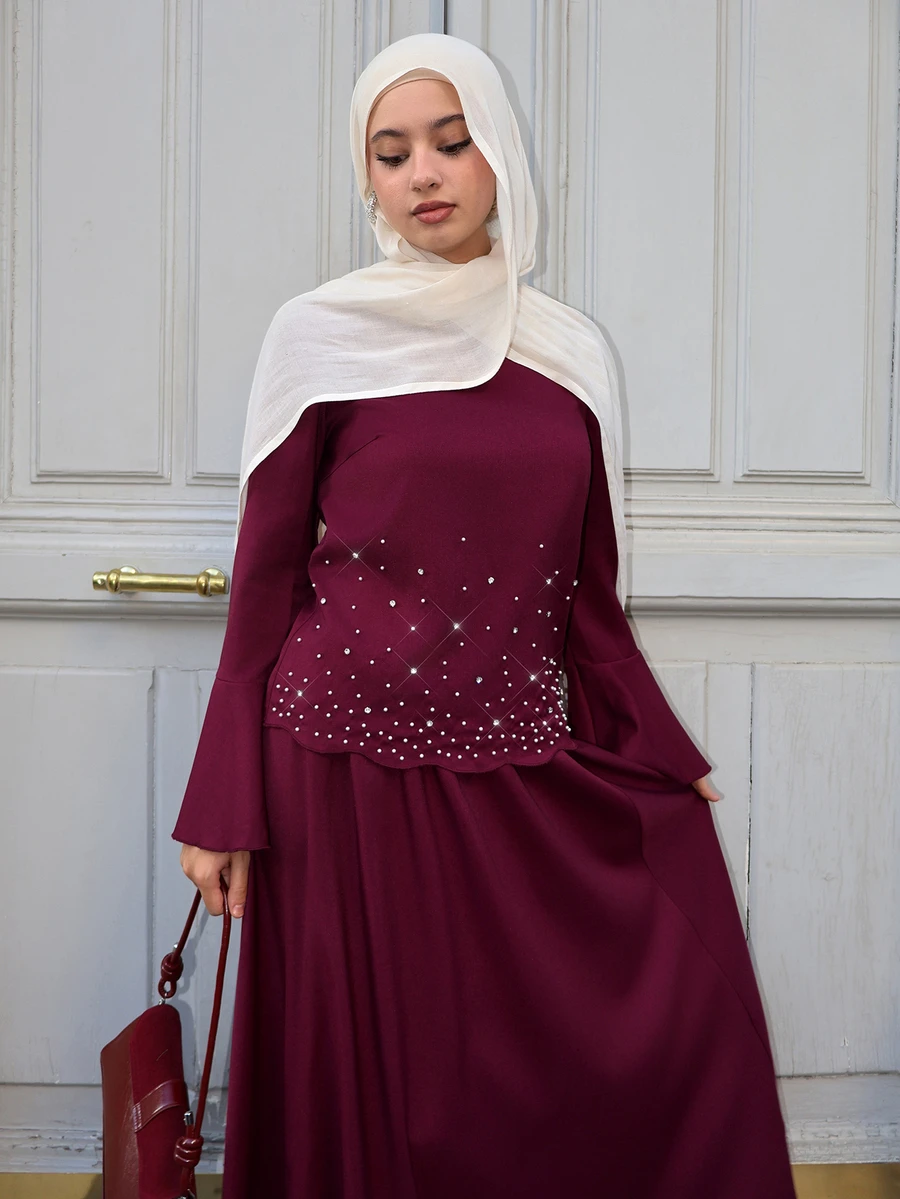 Graceveil Spring/Autumn Burgundy Heavy Beaded & Rhinestone Embellished Flared Sleeve Round Neck Top & Full Skirt Elegant Women's 2 Pieces Set For Party - Burgundy - View 1