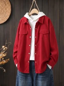 SHEIN LUNE Plus Size Corduroy Long Sleeve Loose Fit Shirt Fall Cloth For Women - Burgundy - View 5