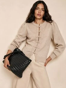 Linhara CURVE Plus Size Comfortable Frog Button Long Sleeve Knit Cardigan, Autumn/Winter - Apricot - View 5