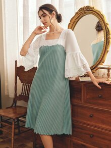 Côtesoire Women's Lace Patchwork Casual Daily Home Sleep Dress - Cadet Blue - View 3