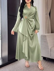 Modelyn 女款優雅純色交叉領開衩喇叭袖金屬感花卉垂墜長洋裝 棕色優雅連身裙 - 綠色 - 查看 5