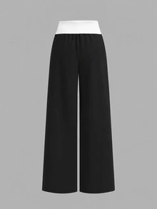 SHEIN 青少年女孩休閒拼接織帶寬鬆運動長褲 - 黑與白 - 查看 2