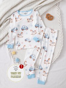 SHEIN 男孩時尚優雅休閒日常穿著套裝，柔軟親膚高彈性修身針織布料，藍色拼色卡車馬星卡通印花，圓領長袖上衣與長褲睡衣家居服 2 件套，貼身剪裁 - 藍色 - 查看 2