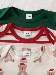 SHEIN 新生兒 6 件組短袖連腳褲套裝，條紋深綠色與杏色，可愛卡通刺繡熊圖案，簡約休閒舒適柔軟居家服，聖誕風格，適合春、夏、秋季，可戶外穿著 - 彩色 - 查看 5