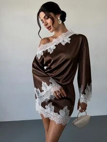 Firerie 女款優雅秋季沙烏地國慶返校季不對稱肩蕾絲拼接喇叭袖淺灰藍迷你洋裝 - 棕色 - 查看 13
