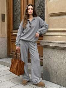 Livesso Women's Minimalist Long Sleeve Top And Pants Loungewear Set - Grey - View 6