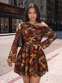 SHEIN ICON 大尺碼 Y2K 楓葉印花網紗長袖洋裝，復古休閒修身連身裙，適合春季與秋季 - 棕色 - 查看 10
