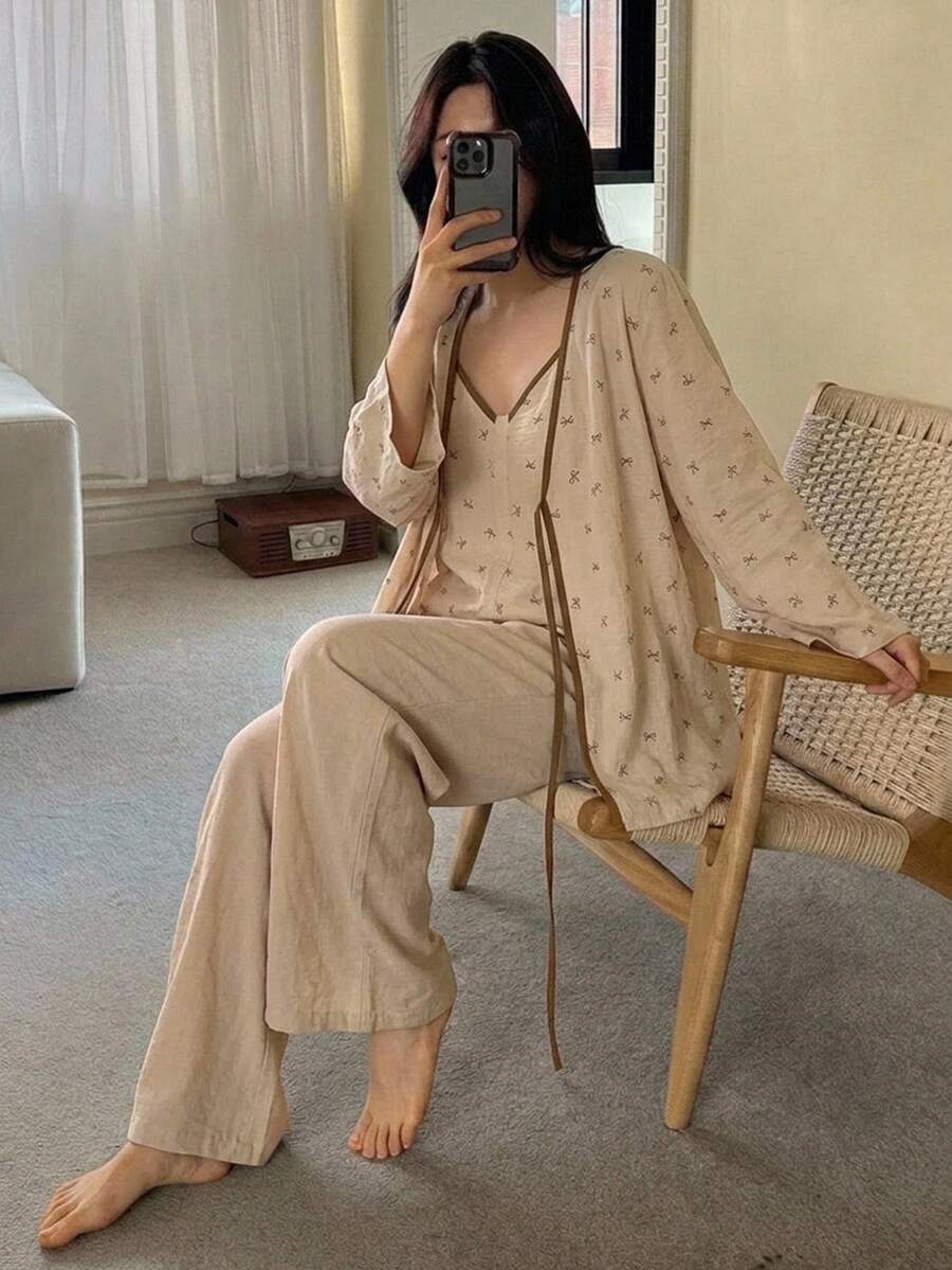 Dazy Plus 3pcs Colorblock Floral Camisole Cardigan Top & Long Pants Loungewear Set, Spring Summer Autumn Pajama Set - Khaki - View 1