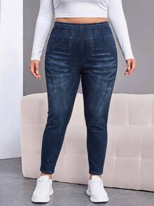 SHEIN CURVE+ 大尺碼休閒口袋鈕扣做舊設計修身長褲 日常穿著 2026 秋冬 22W - 藏蓝色 - 查看 6