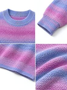 SHEIN Girls' Autumn/Winter Gradient Rainbow Macaron Color Textured Knit Sweater, Fashionable Minimalist Thick Long Sleeve Top - Multicolor - View 4