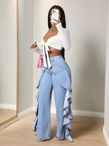 BamGleam Festival Size Denim Women's Blue Non-Stretch Slim Fit Ruffle Hem Straight Leg Pants - Light Wash - View 7