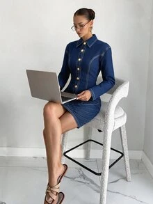 Siren Gaze Women's Casual Everyday Summer Denim Dress With Collar - Blue - View 8