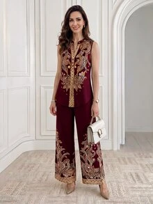 Medorina 女款花卉印花無袖鈕扣襯衫與寬腿褲兩件套，度假、夏季女裝、節慶穿搭、母親節、休閒 - 酒紅色 - 查看 5