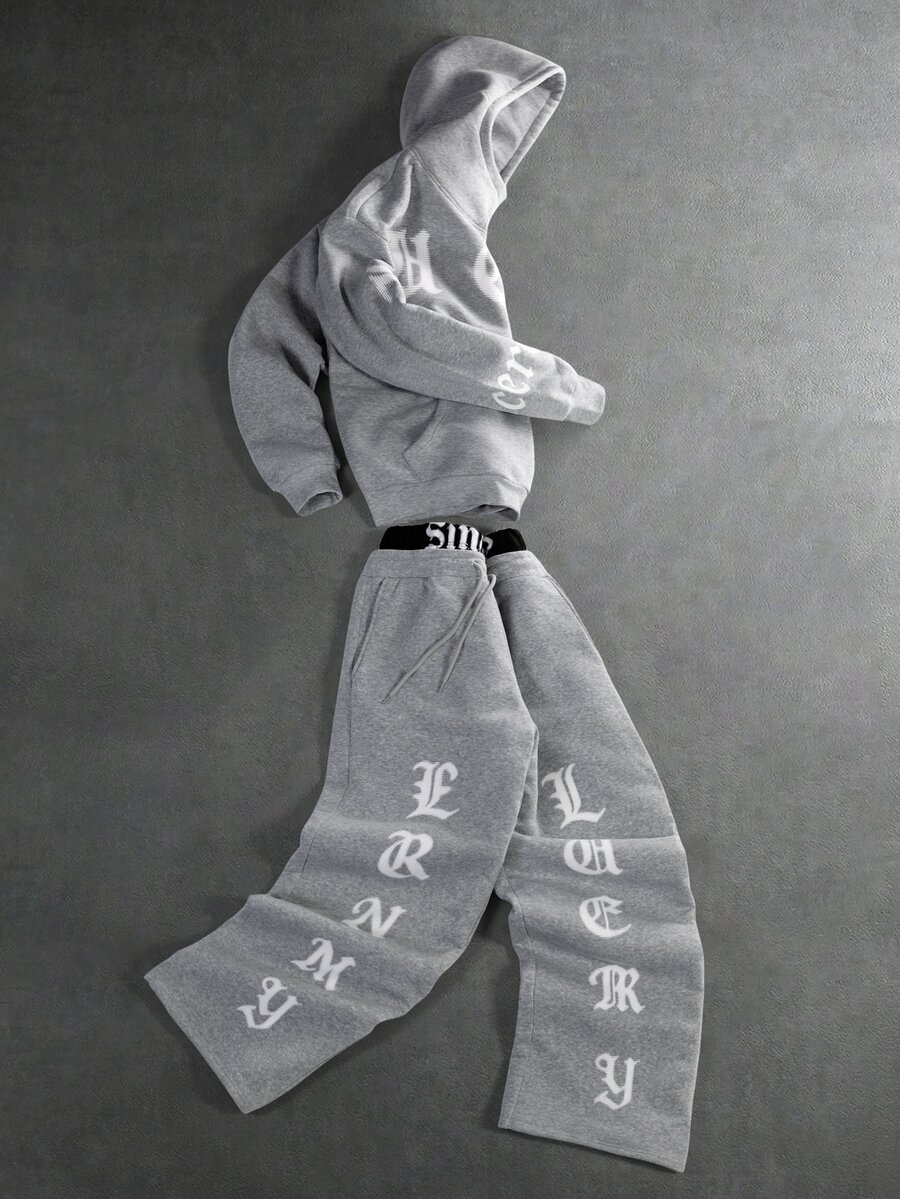 Manfinity Hypemode Men's Letter Print Hoodie And Pants Casual Daily Outfit - Grey - View 1