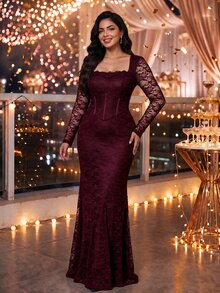 Auveirra Plus Size Elegant Romantic Party Formal Wedding Lace Mermaid Dress Fall Christmas - Burgundy - View 5