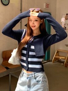 DAZY Women's Striped Long Sleeve Casual Sweater Faux Two-Piece - Royal Blue - View 9