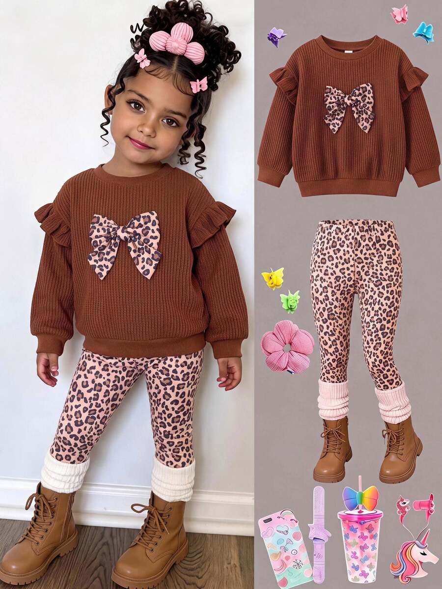 SHEIN Baby Girl Knitted Solid Color Leopard Print 3D Bow Ruffle Trim Casual Crew Neck Sweatshirt And Leopard Print Long Pants 2 Pieces Set - Multicolor - View 1